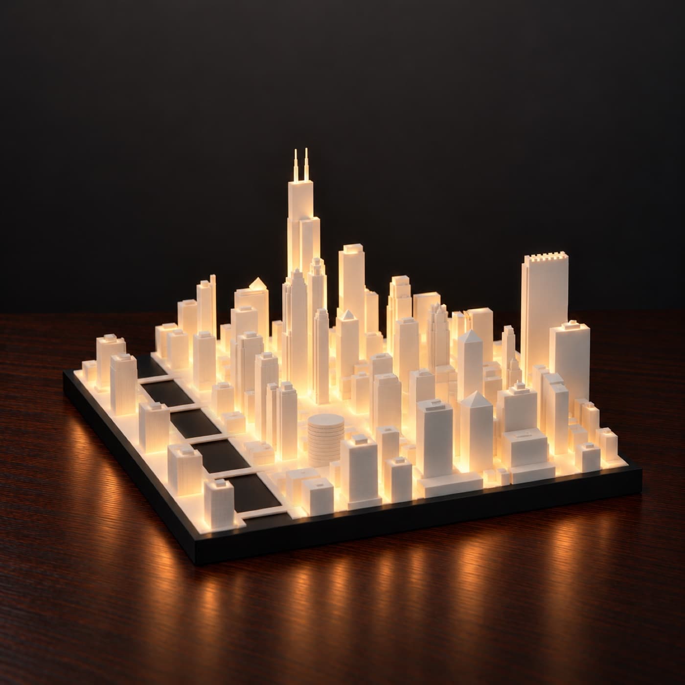 The Chicago Skyline Lamp, lit, on a dark wood table