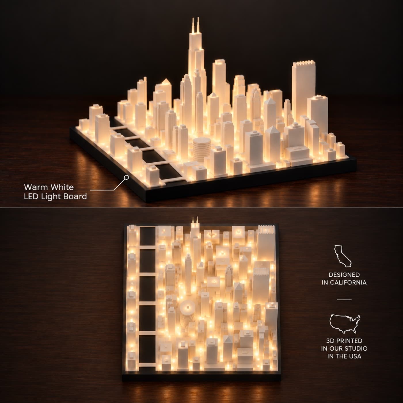 Chicago Skyline Lamp with its warm white LED light board