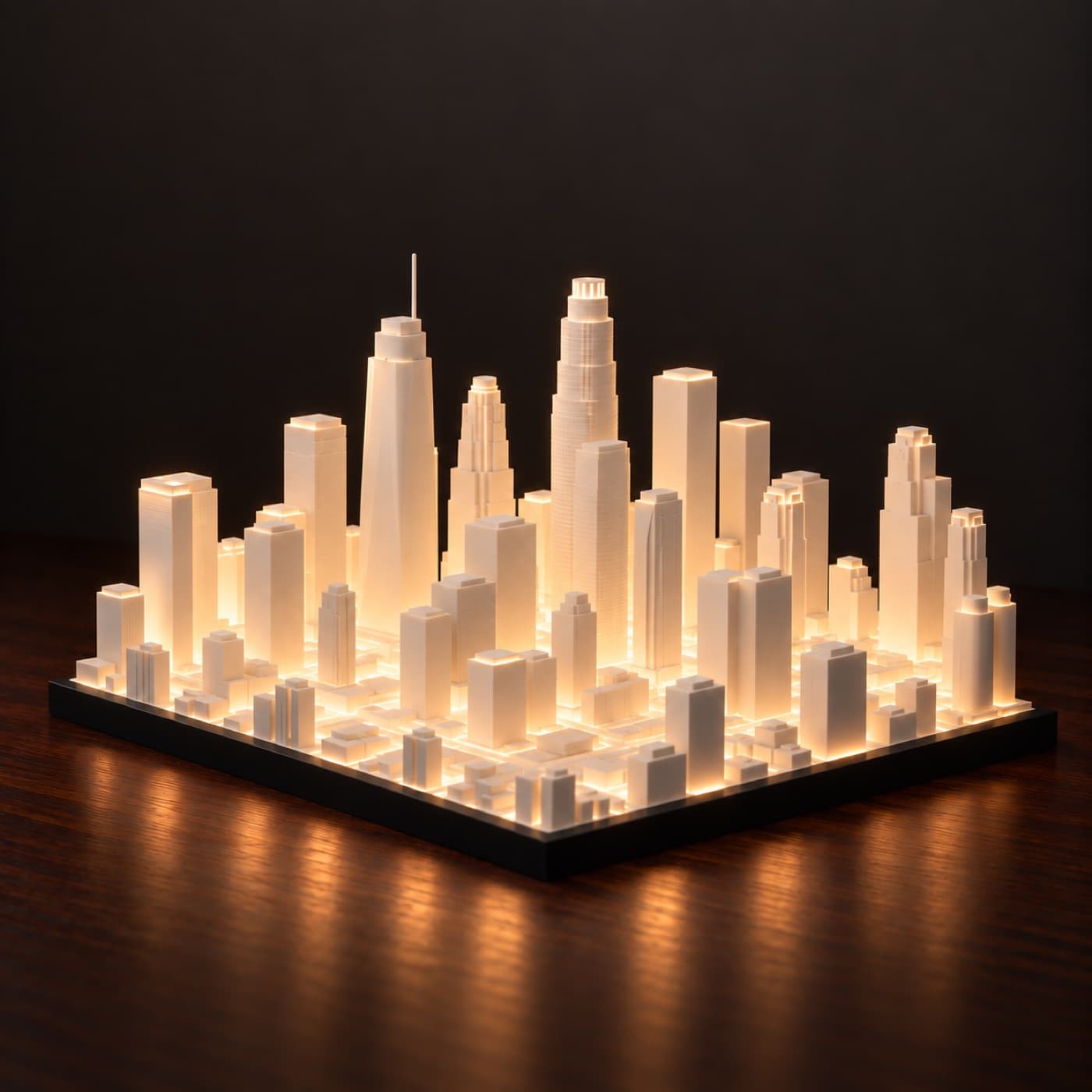 Los Angeles Skyline Lamp, lit, on a dark wood table