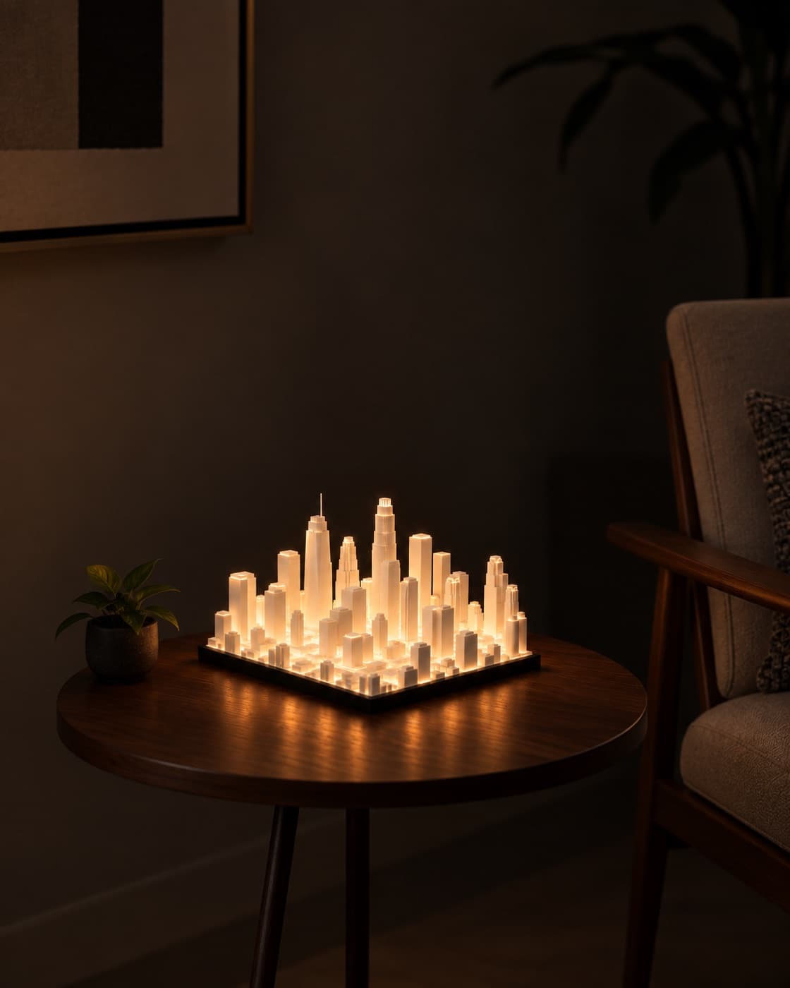 Los Angeles Skyline Lamp lit on a side table in a living room