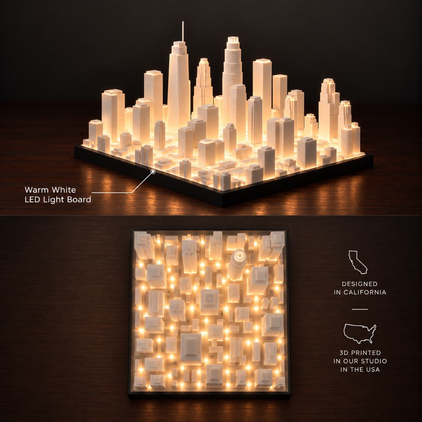 Los Angeles Skyline Lamp with its warm white LED light board