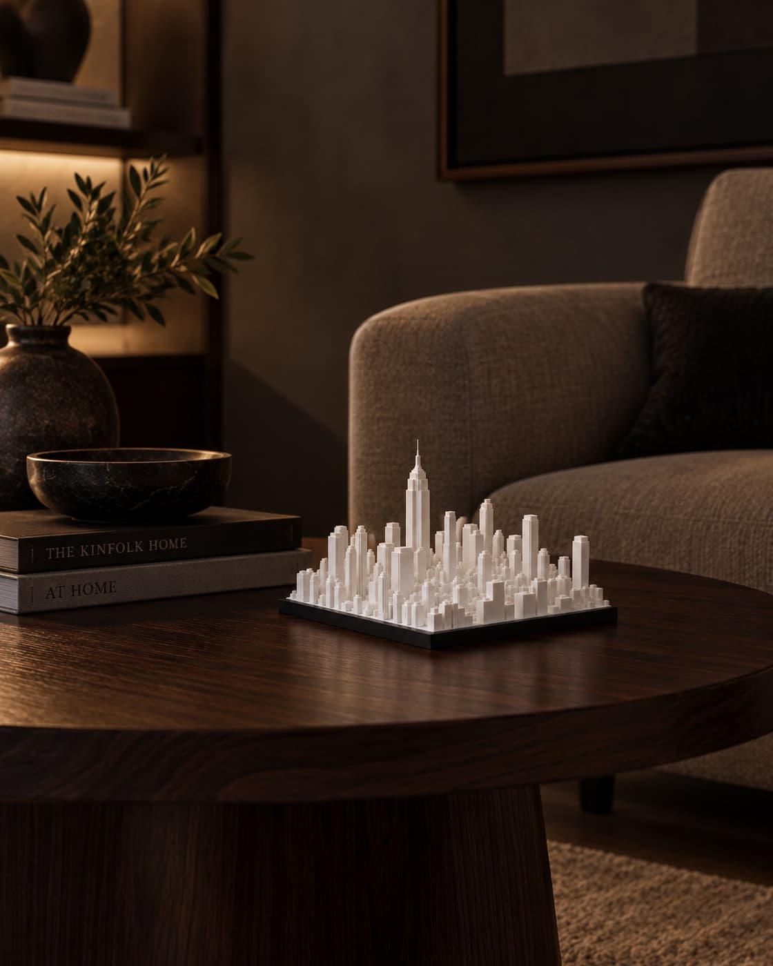 New York Skyline Lamp unlit on a side table