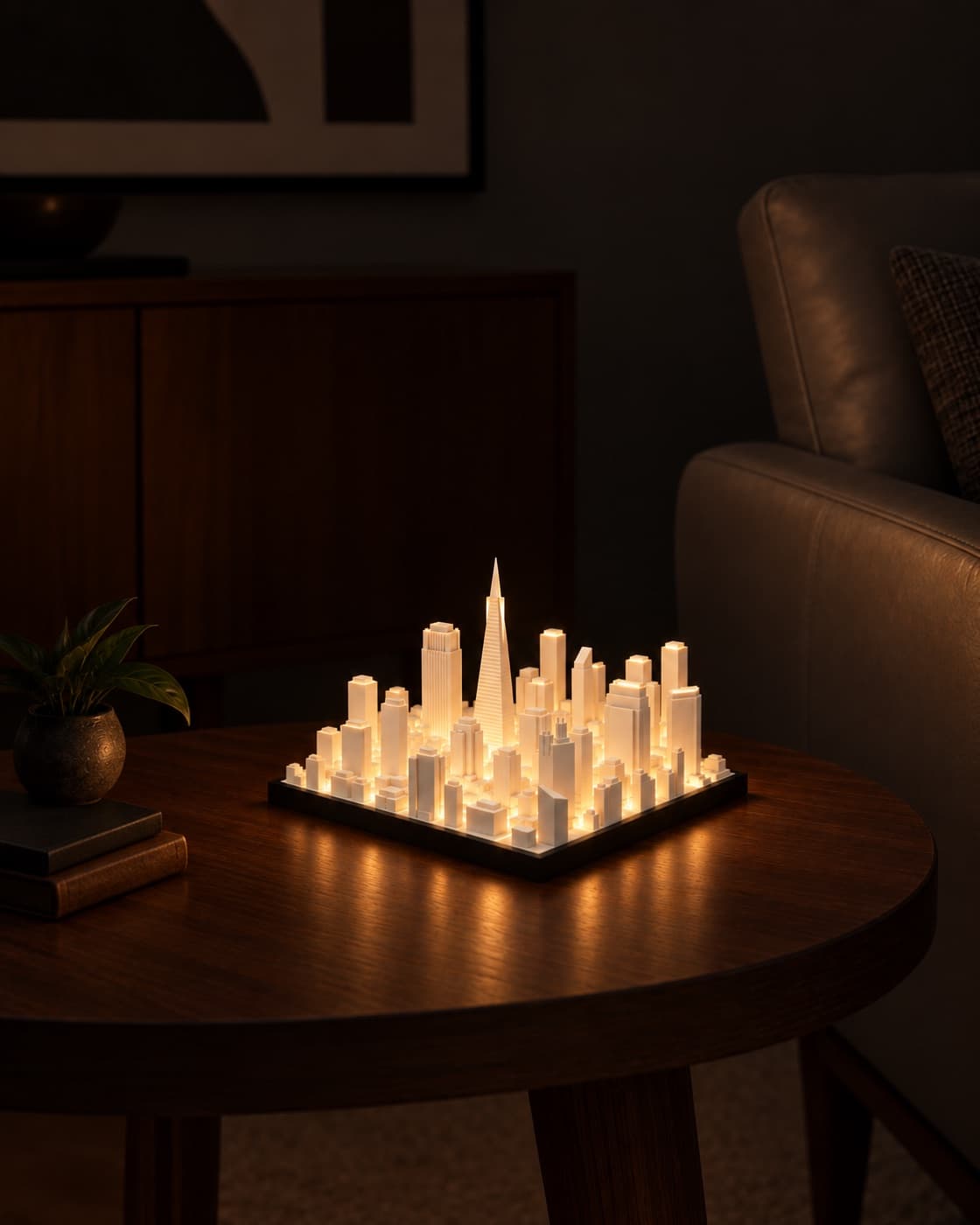 San Francisco Skyline Lamp lit on a side table in a living room