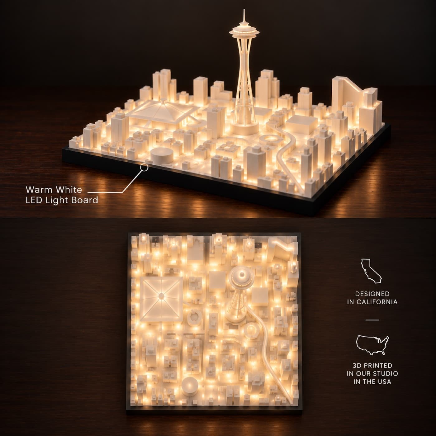Seattle Skyline Lamp with its warm white LED light board